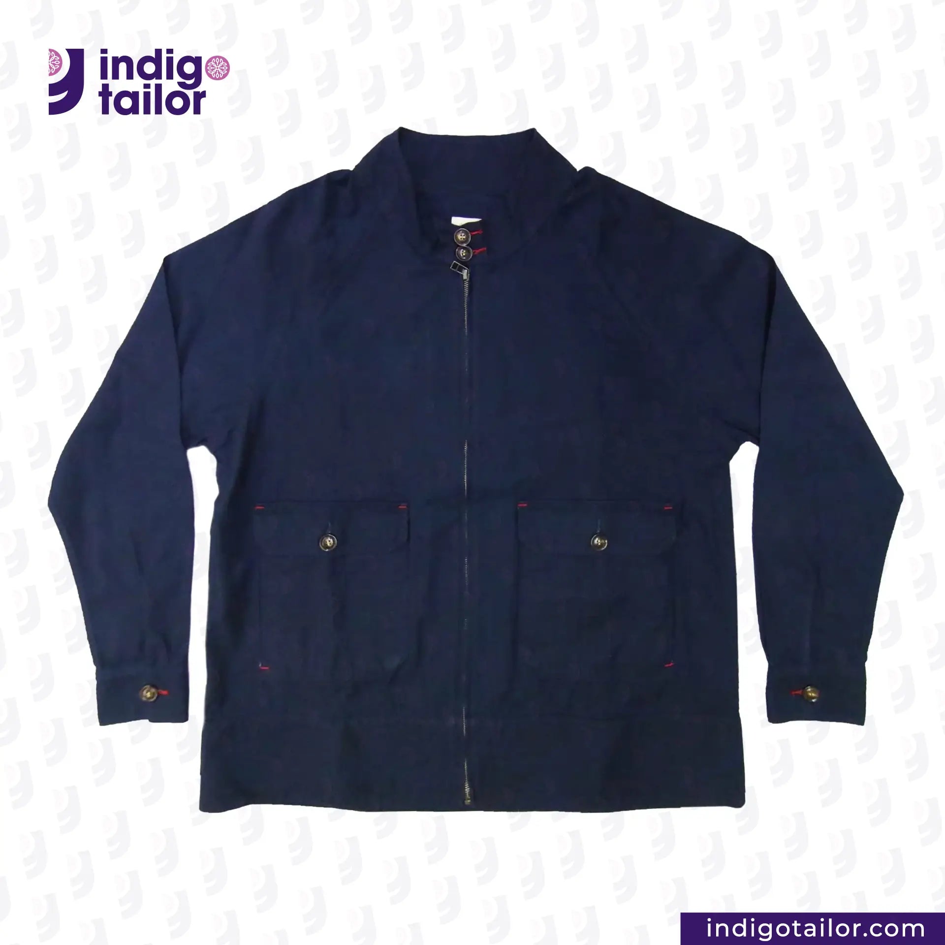 INDIGO HARRINGTON JACKET front with a brand logo on a light gray background