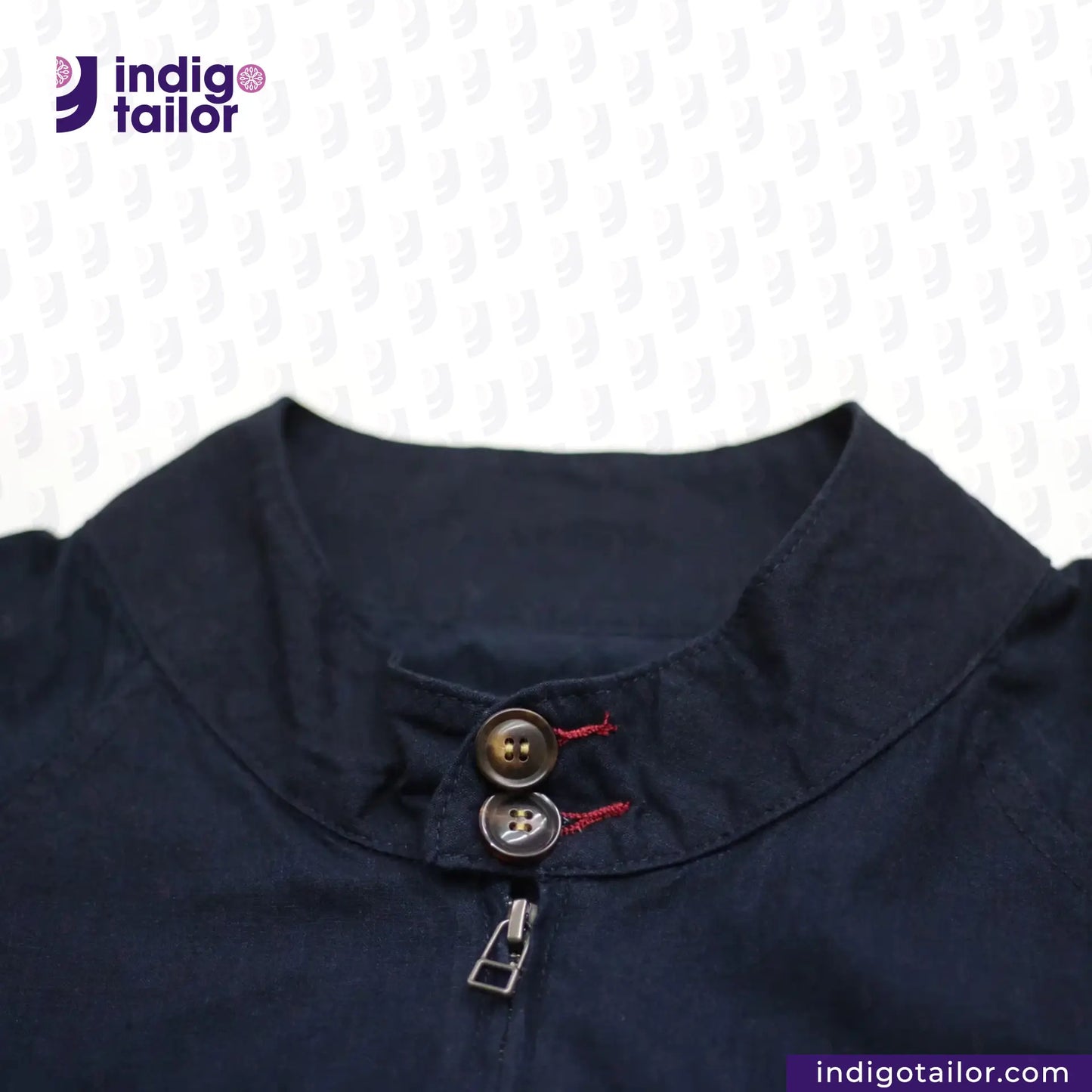 INDIGO HARRINGTON JACKET with buttons on a white background, featuring the Indigotailor logo.