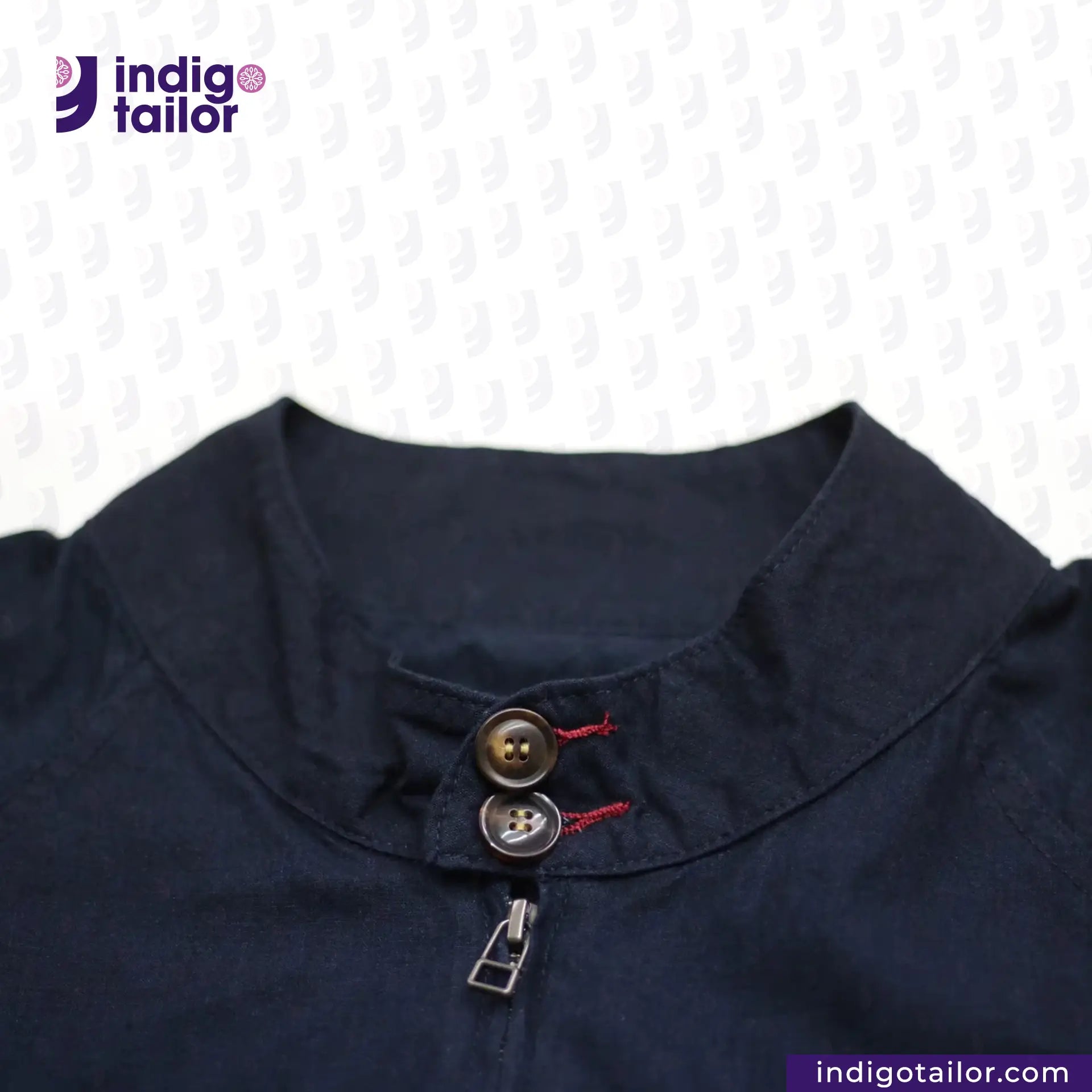 INDIGO HARRINGTON JACKET with buttons on a white background, featuring the Indigotailor logo.