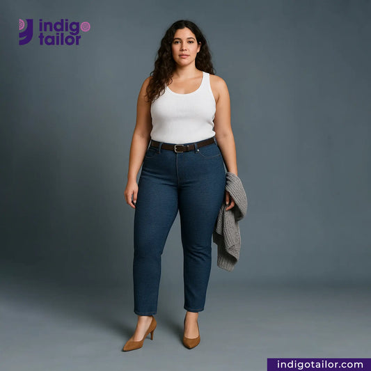 Woman wearing INDIGO HOUNDSTOOTH jeans and a white tank top with 'Indigo Tailor' branding.