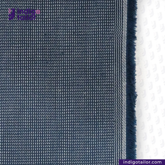 INDIGO HOUNDSTOOTH fabric swatch with a brand logo and website on a white background