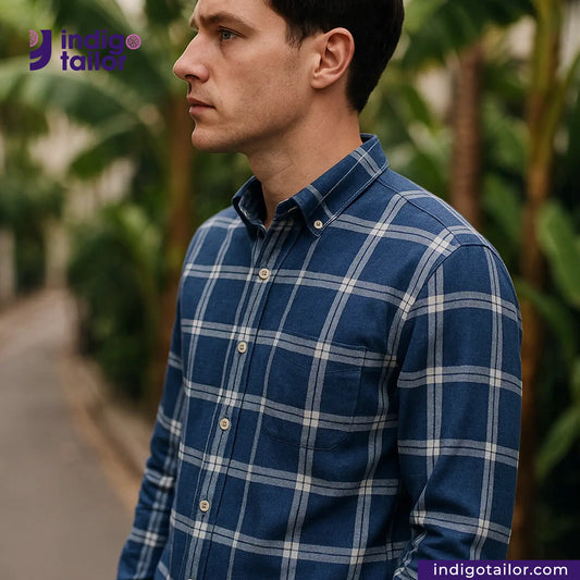 Man wearing a INDIGO LARGE CHECK SELVEDGE shirt with a blurred green background