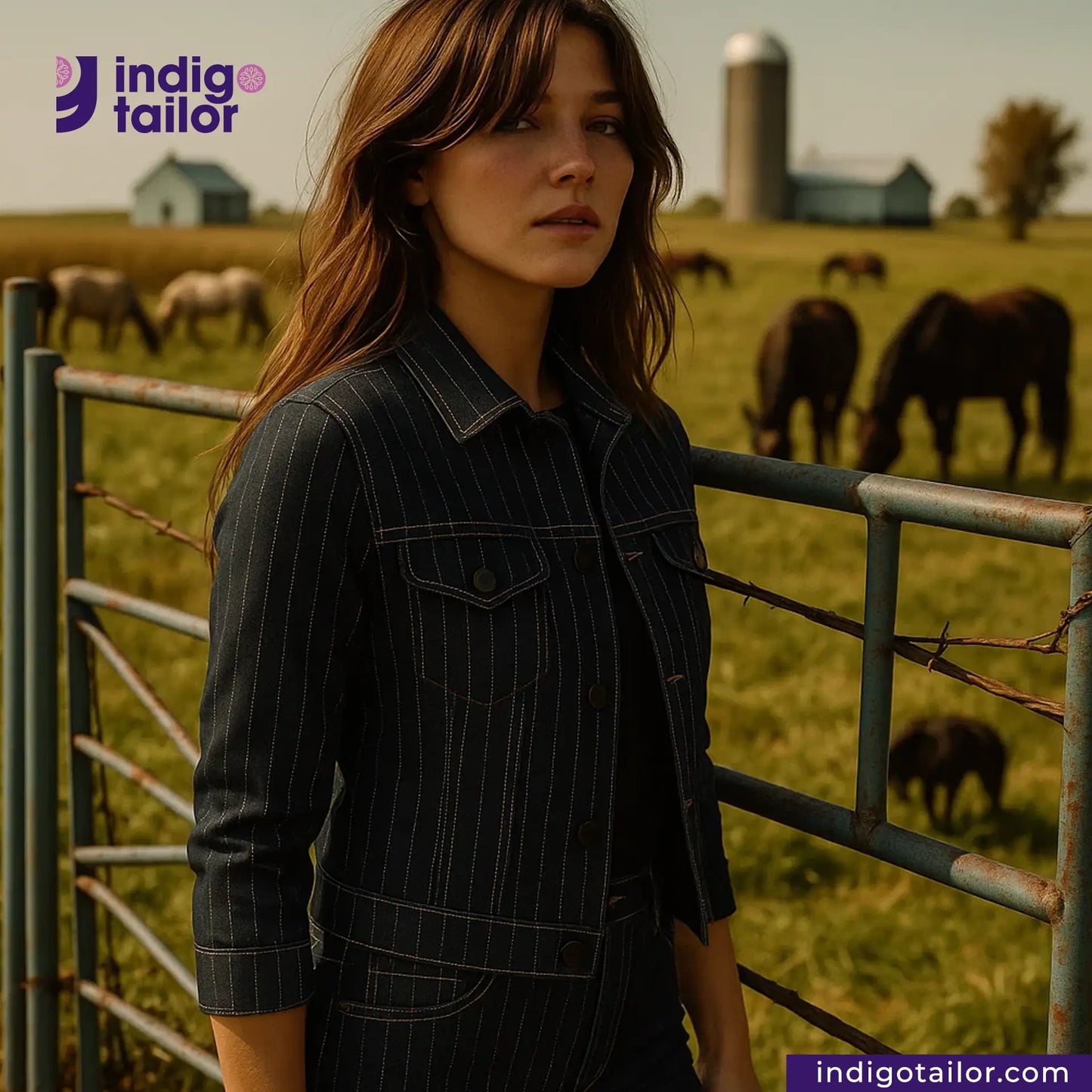 Woman standing in a field with horses, wearing a INDIGO PINSTRIPES outfit, with 'indigotailor' branding.