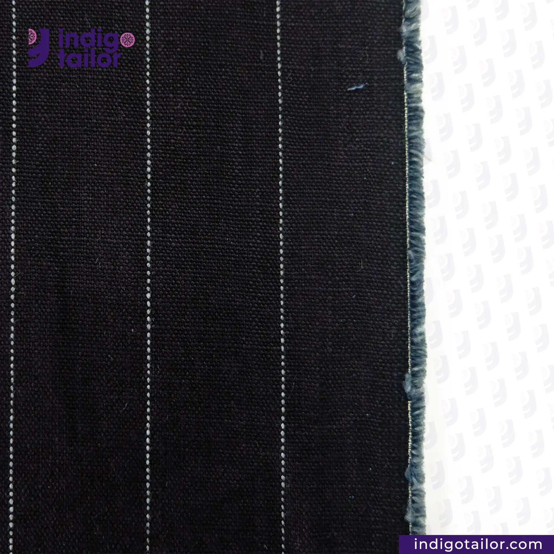 Close-up of INDIGO PINSTRIPES fabric with 'Indigotailor' branding.