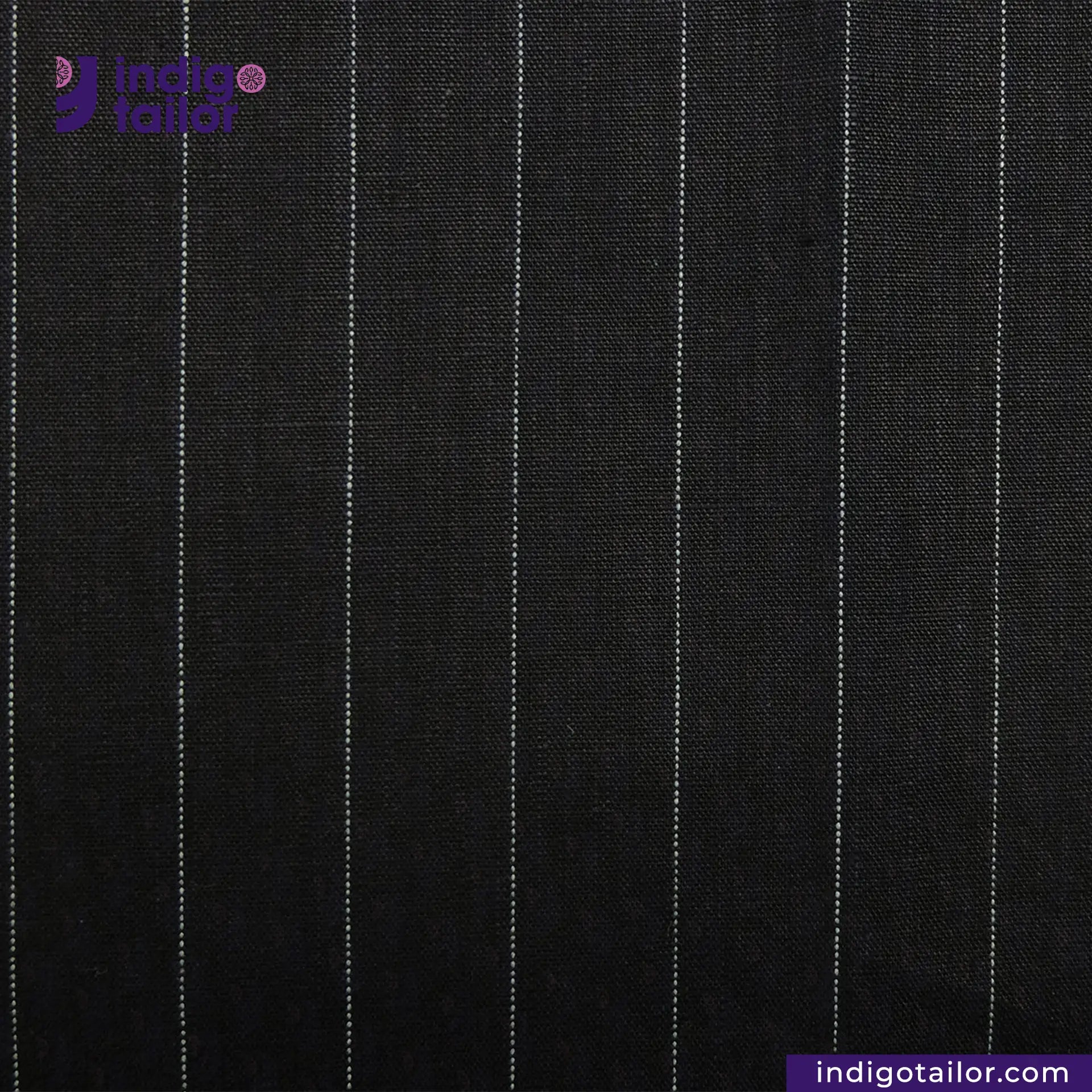 INDIGO PINSTRIPES fabric with 'Indigo Tailor' logo and website text.