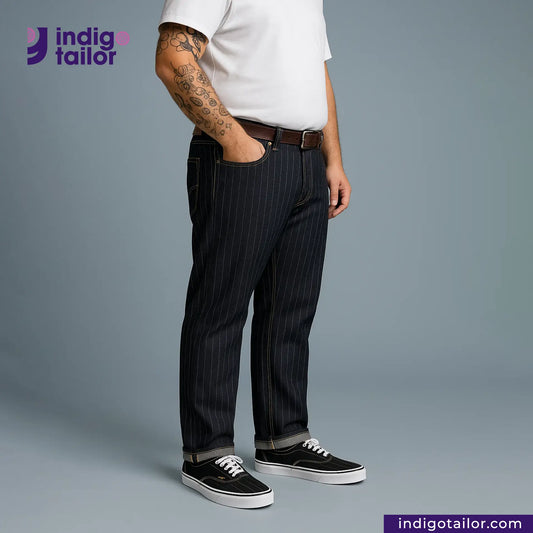 Person wearing INDIGO PINSTRIPES pants and a white shirt with 'indigo tailor' branding.