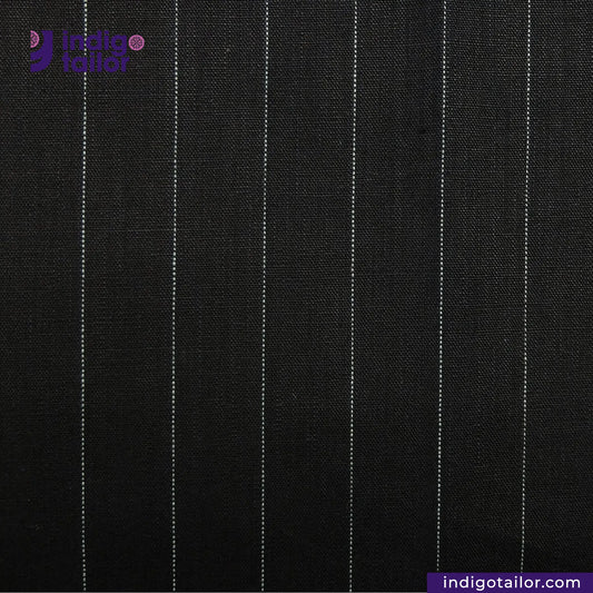 INDIGO PINSTRIPES fabric with white pinstripes and Indigo Tailor logo.