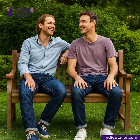 Two men WEARING INDIGO SAKURA DENIM DENIM AND sitting on a bench in a park with Indigo Tailor branding.