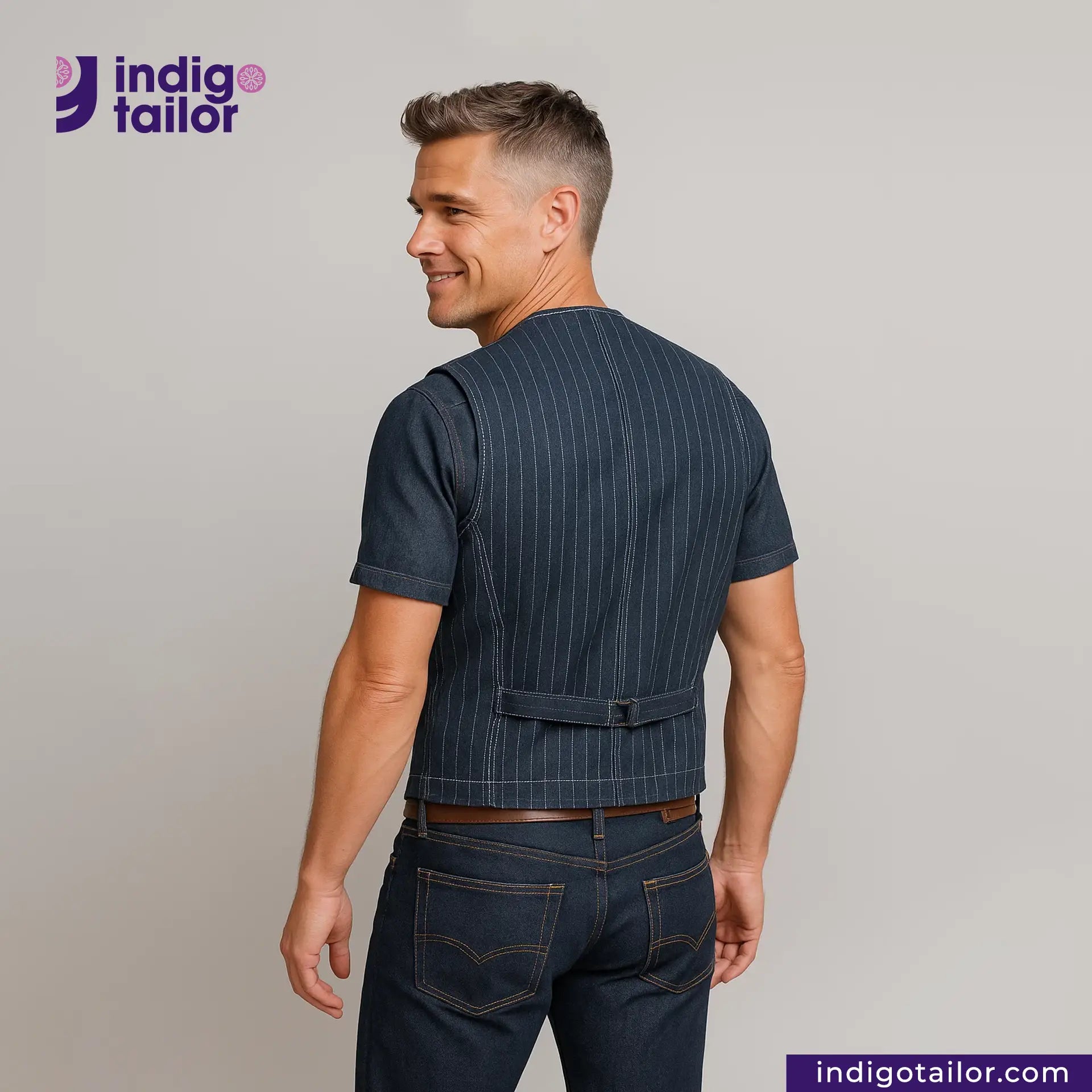 Man wearing a INDIGO VINTAGE STRIPE WORK VEST and jeans with 'Indigo Tailor' logo.