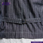 Close-up of a INDIGO VINTAGE STRIPE WORK VEST garment with a belt, featuring the Indigo Tailor logo.