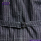 Close-up of a INDIGO VINTAGE STRIPE WORK VEST with a belt, featuring the Indigotailor logo.