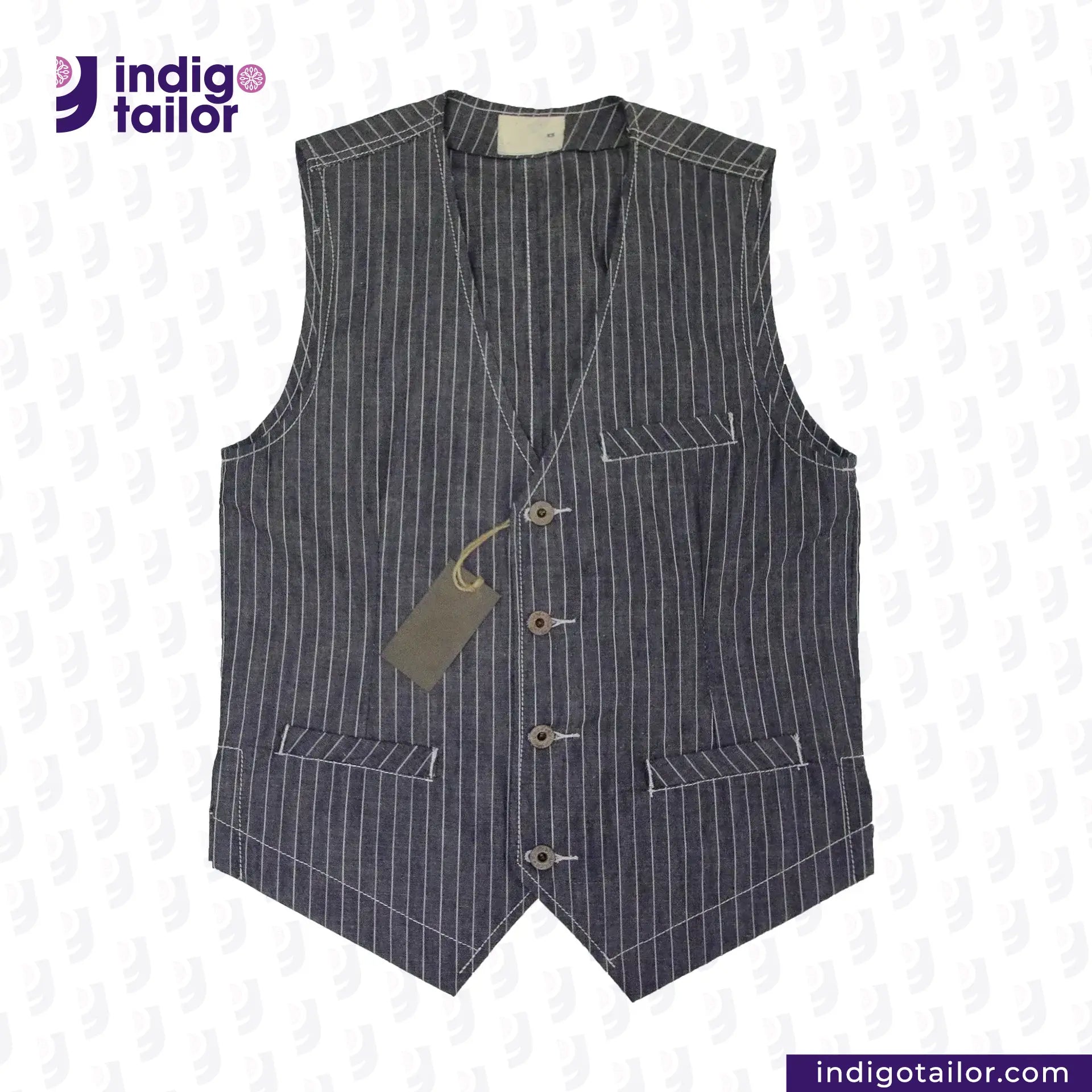 INDIGO VINTAGE STRIPE WORK VEST with a tag on a light gray background, featuring the Indigo Tailor logo.