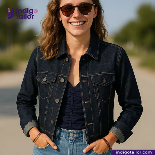 Woman wearing a INDIGO X BLACK SELVEDGE DENIM jacket and sunglasses with 'Indigotailor' branding.