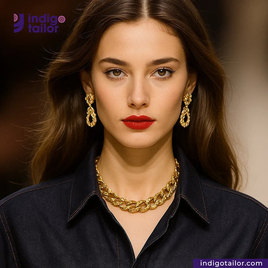 Woman wearing INDIGO X BLACK SELVEDGE DENIM Shirt and gold jewelry with Indigotailor logo in the corner