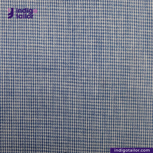 INDIGO YARN DYED HOUNDSTOOTH fabric pattern with 'indigotailor' logo and website.
