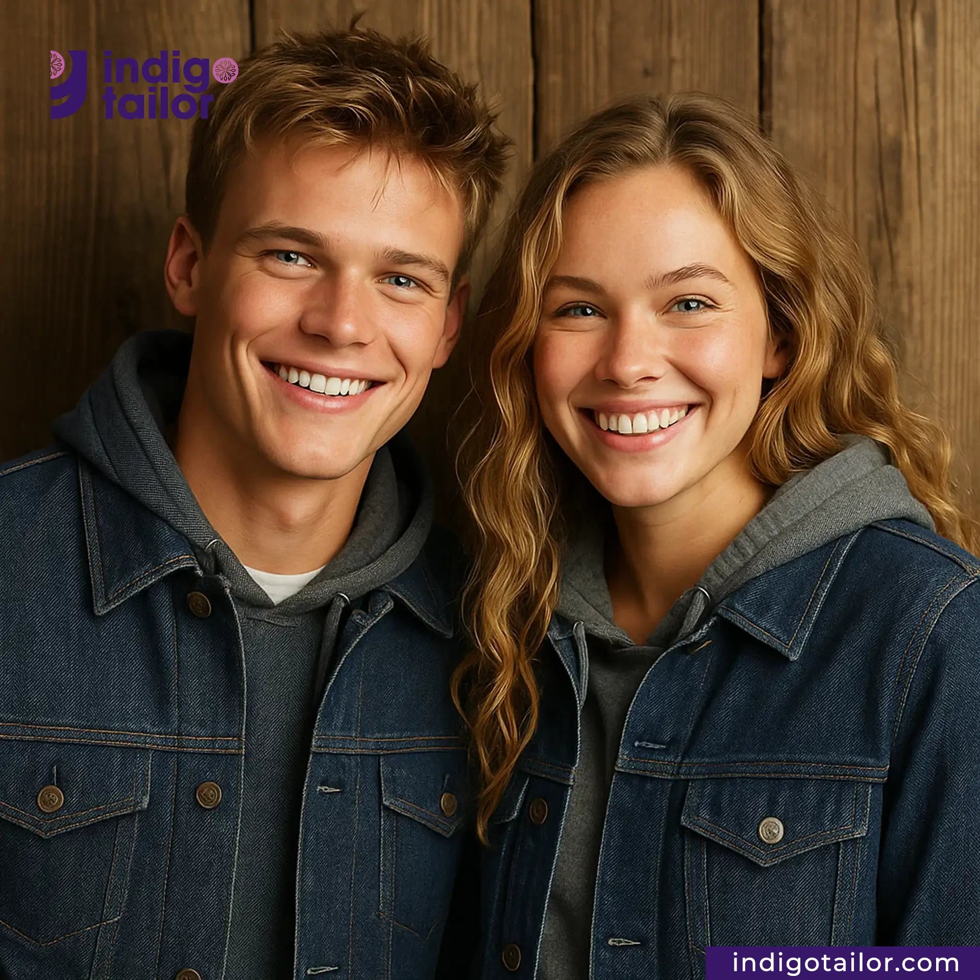 Two people wearing matching INDIGO x INDIGO SUMMER TWILL SELVEDGE DENIM jackets with Indigo tailor logo and website.