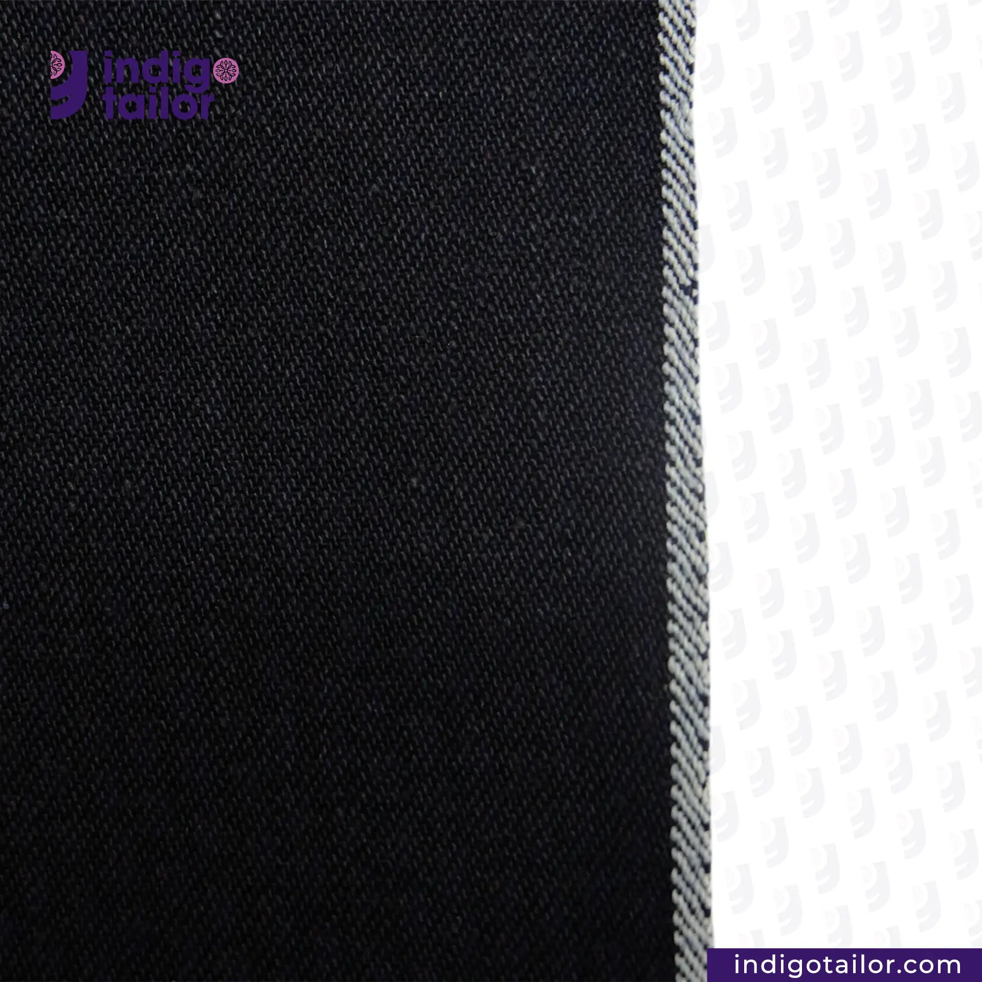 Close-up of INDIGO x INDIGO SUMMER TWILL SELVEDGE DENIM fabric with Indigotailor logo and website on a white background