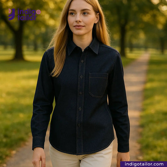 Woman wearing a INDIGO x INDIGO SUMMER TWILL SELVEDGE DENIM shirt in a park with 'Indigotailor' branding.
