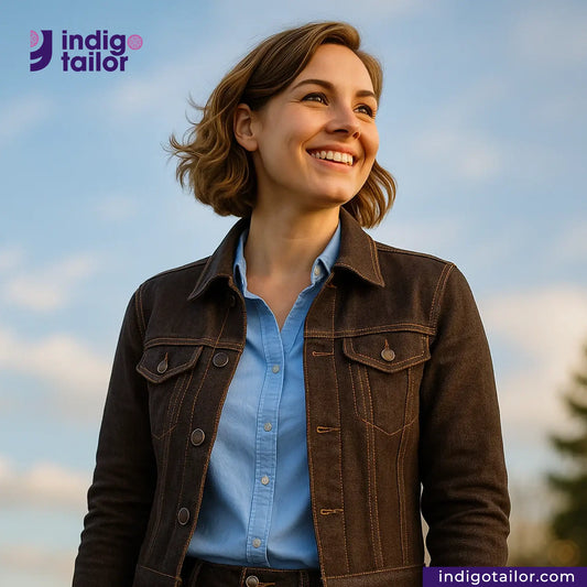 Woman wearing a SLUBBY BROWN SELVEDGE DENIM jacket and blue shirt with 'indigo tailor' logo in the corner.