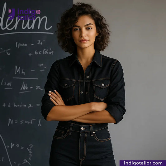 Woman wearing a DOUBLE BLACK STRETCH SELVEDGE DENIM outfit standing in front of a chalkboard with mathematical equations.