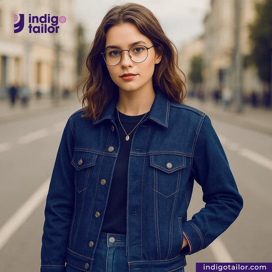 Woman wearing a DOUBLE DIP INDIGO SELVEDGE DENIM jacket on a street with 'indigotailor' branding.