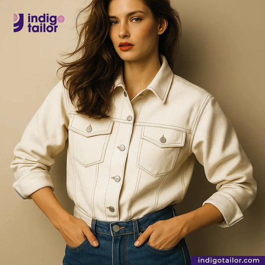 Woman wearing a KINARI SELVEDGE DENIM jacket with 'Indigotailor' logo in the corner.