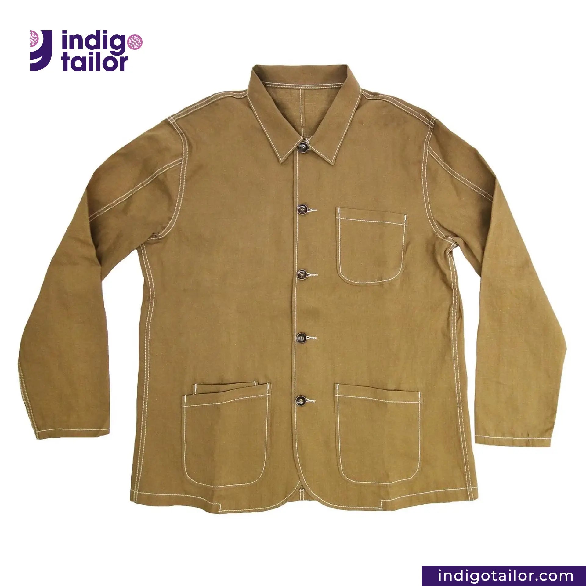 KHAKI HERRINGBONE COVERALL JACKET with white stitching on a white background, featuring the Indigotailor logo.