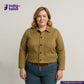 Woman wearing a KHAKI HERRINGBONE COVERALL JACKET with 'Indigo Tailor' logo above her.