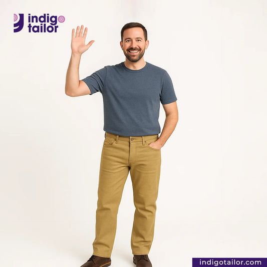 Man wearing a blue shirt and KHAKI SLUB DENIM pants waving, with 'Indigo Tailor' logo above.