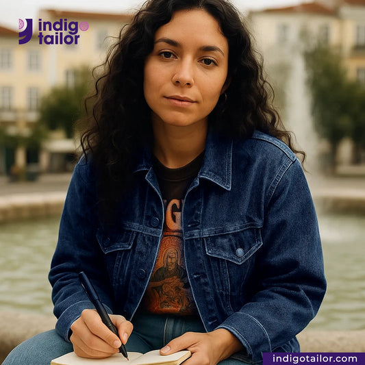 Woman in a KUROKI CLASSIC RED LINE SELVEDGE jacket holding a pen and notebook with 'indigotailor' branding.