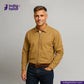 Man wearing a Khaki Bomber Jacket and dark jeans with 'Indigo Tailor' logo above.