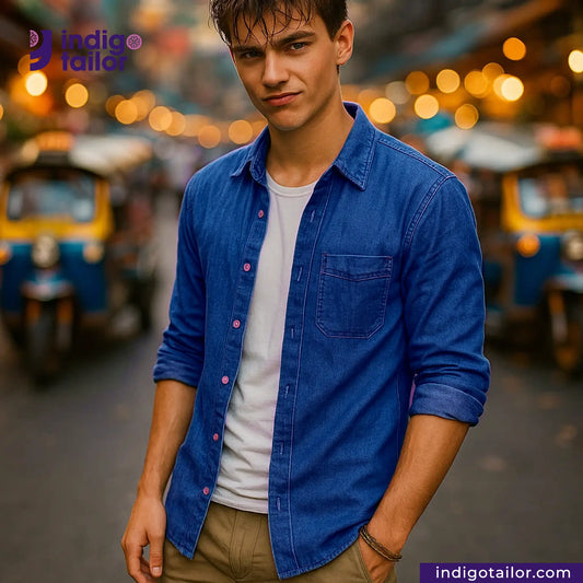 Man wearing a LIGHT INDIGO POPLIN SELVEDGE shirt with blurred street scene in the background