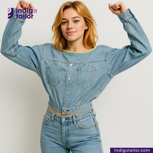 Woman wearing a LIGHT WASHED SELVEDGE DENIM LIME SELVEDGE outfit with 'Indigotailor' logo on a white background