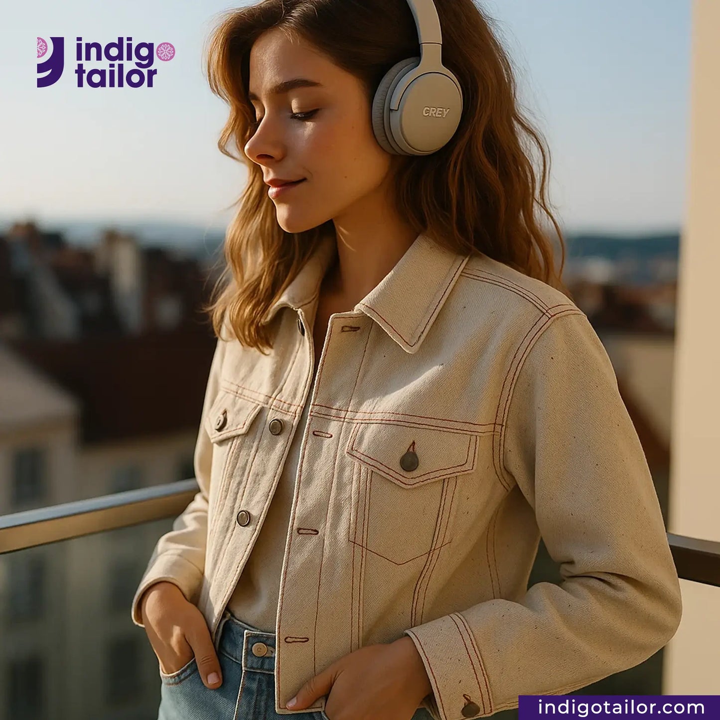 Woman wearing headphones and a LOW TENSION HEAVY KINARI SELVEDGE DENIM jacket on a balcony with 'Indigotailor' branding.