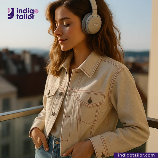Woman wearing headphones and a LOW TENSION HEAVY KINARI SELVEDGE DENIM jacket on a balcony with 'Indigotailor' branding.