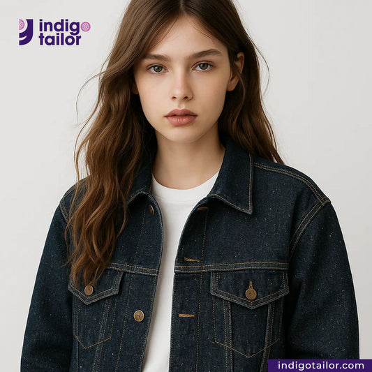 Woman wearing a LOW TENSION SLUBBY, NEPPY AND HEAVY SELVEDGE DENIM jacket with Indigotailor logo and website in the corner.