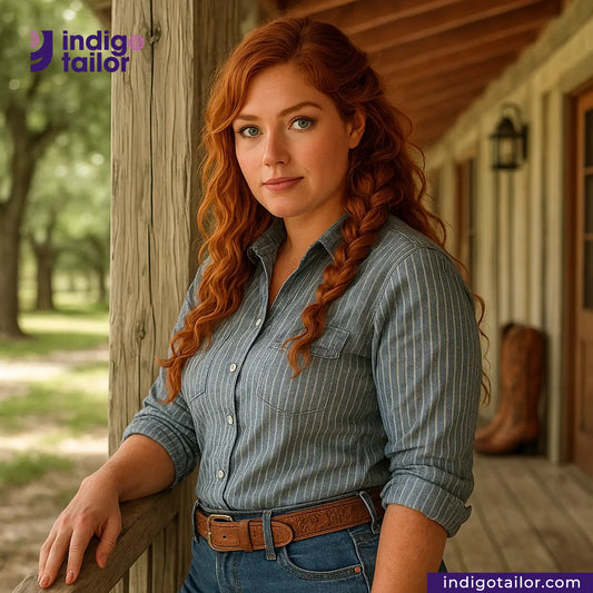 Woman with red hair leaning against a wooden post on a porch, wearing a LOW TENSION VINTAGE HICKORY CHAMBRAY shirt and jeans.