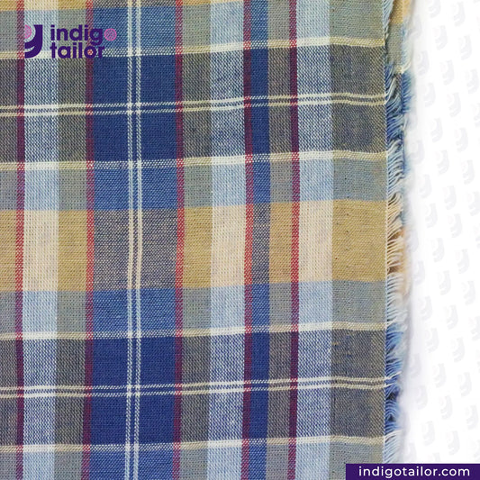 MADRAS CHECK FLANNEL SUMMER LINEN fabric with blue, beige, and purple colors on a white background, featuring the 'indigotailor' brand.