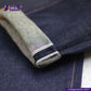 Close-up of MEDIUM BLUE DENIM LIVIDUS SELVEDGE fabric with 'Indigotailor' branding.