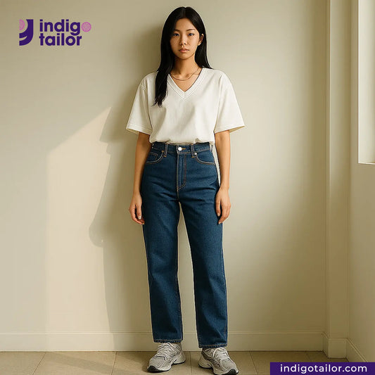 Person wearing a white shirt and MEDIUM BLUE DENIM LIVIDUS SELVEDGE jeans standing against a beige wall with 'Indigotailor' branding.