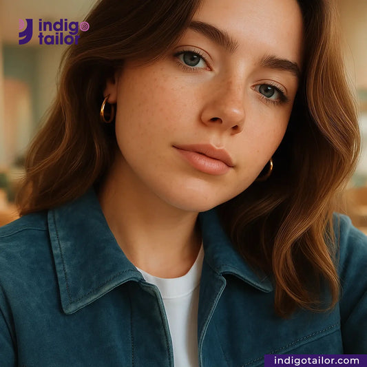 Woman wearing a NATURAL INDIGO DYED SUEDE jacket with Indigotailor logo in the corner.