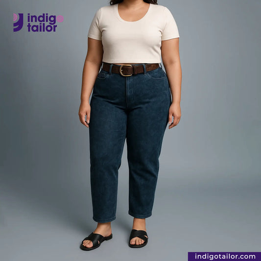 Person wearing a beige shirt and NATURAL INDIGO DYED SUEDE jeans with 'indigo tailor' logo on gray background