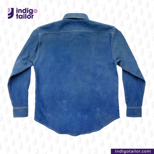 NATURAL INDIGO SUEDE SHACKET shirt on a white background with 'indigotailor' branding.