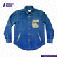 NATURAL INDIGO SUEDE SHACKET shirt with gold buttons on a white background, featuring the Indigotailor logo.