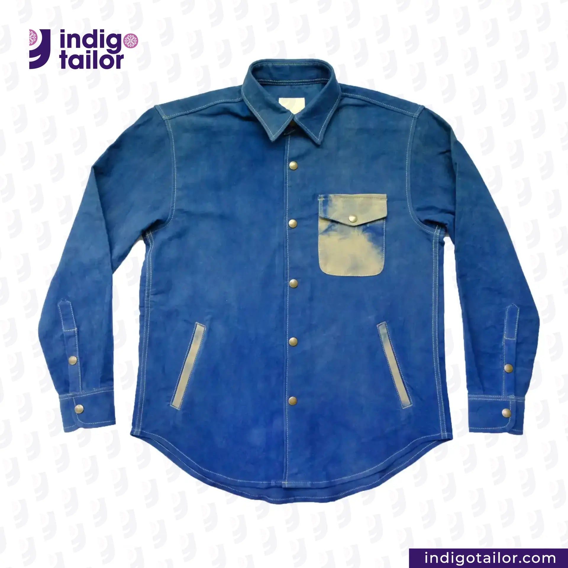 NATURAL INDIGO SUEDE SHACKET shirt with gold buttons on a white background, featuring the Indigotailor logo.