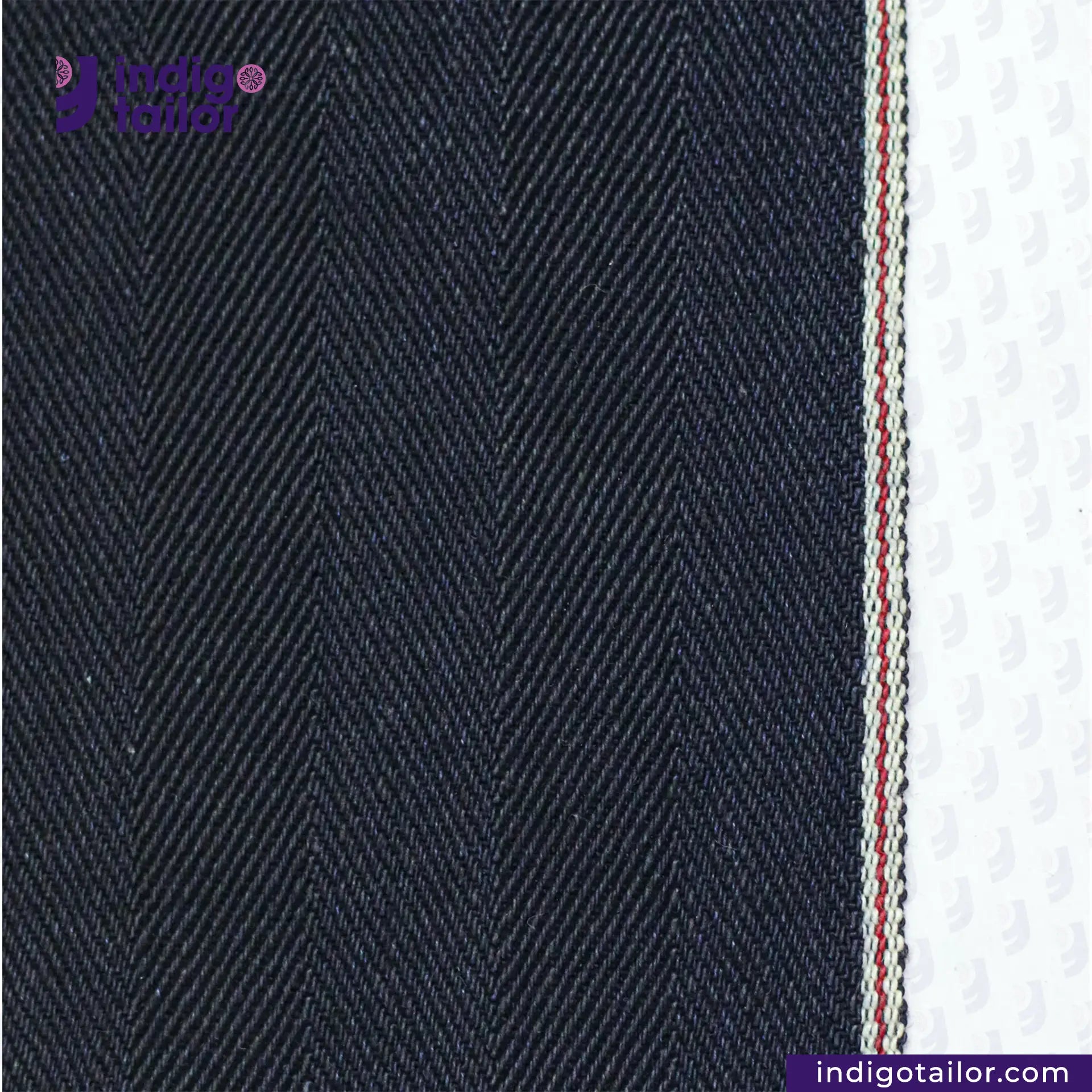 Close-up of NDL200 INDIGO x INDIGO HERRINGBONE DENIM fabric with a striped pattern on a white background, featuring the Indigotailor.com logo.