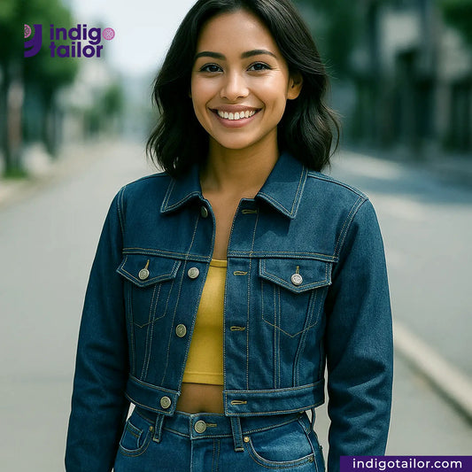 Woman wearing a OCEAN BLUE COTTON HEMP BLEND SELVEDGE DENIM jacket on a blurred street background with 'Indigo Tailor' branding.