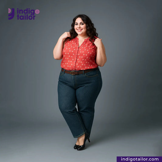 Woman wearing a red blouse and OCEAN BLUE COTTON HEMP BLEND SELVEDGE DENIM jeans with Indigotailor logo and website on a gray background