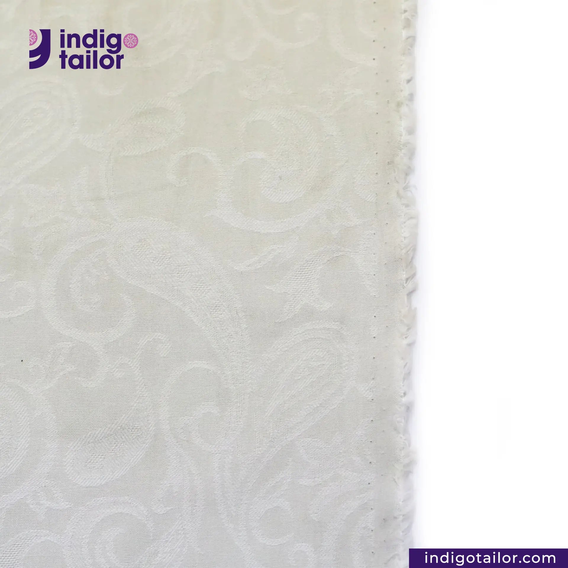 OFF-WHITE PAISLEY JACQUARD fabric swatch with 'Indigotailor' logo and website URL.