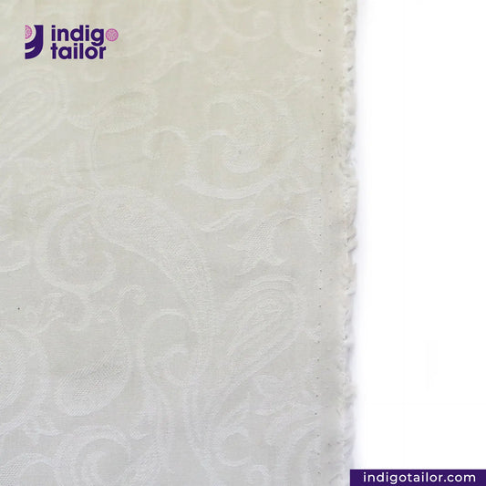 OFF-WHITE PAISLEY JACQUARD fabric swatch with 'Indigotailor' logo and website URL.